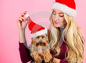 Woman and yorkshire terrier wear santa hat. Girl attractive blonde hold dog pet pink background. Celebrate christmas