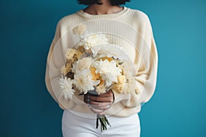 woman floral romantic white bouquet blue day yellow flower sweater hand. Generative AI.