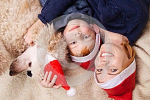 A woman, a young boy and a dog lie smiling in New Year`s hats. Pets in the family, companion dog. View from above