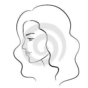 Woman young face, black outline on white background