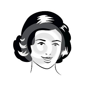 Woman  young face, black outline on white background