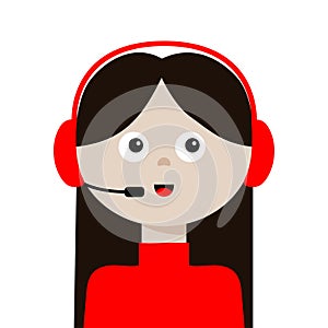 Woman young girl face. Earphones, headphones, microphone. Customer service, support call center concept. Lady female. Business