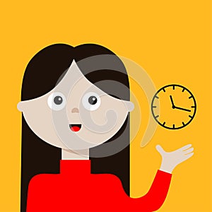 Woman young girl pointing to clock timer. Lady, female. Planning time management concept. Business activities. Social networks