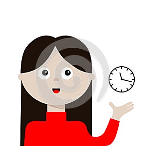 Woman young girl pointing to clock timer. Lady, female. Planning time management concept. Social networks avatar. Business