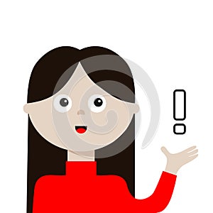 Woman young girl pointing to showing exclamation mark. Lady, female. Management concept. Business activities. Social networks