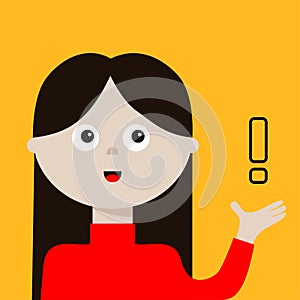 Woman young girl pointing to showing exclamation mark. Lady, female. Management concept. Business activities. Social networks