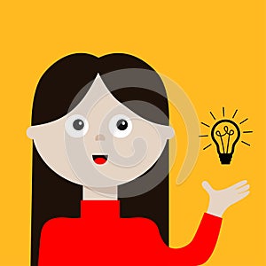 Woman young girl pointing to showing idea light bulb. Lady, female. Management concept. Business activities. Social networks