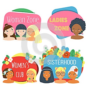 Woman zone banner. Colorful labels with female of different cultures. Feminism concept stickers, advertisement, promo. template