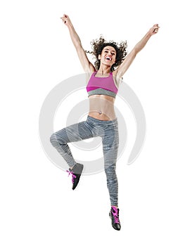 Woman zumba dancer dancing fitness exercises isolated