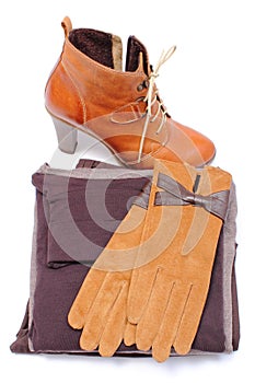 Womanly leather shoes, gloves and clothes on white background