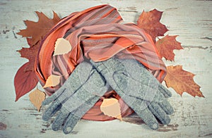 Womanly woolen clothes and autumnal leaves on old rustic board
