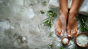 Womans Bare Feet With Salt and Rosemary photo