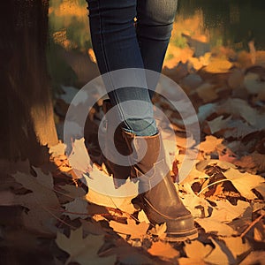 womans Closeup  feet in jeans and boots, autumn stroll