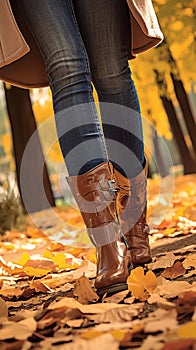 womans Closeup  feet in jeans and boots, autumn stroll