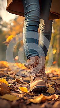 womans Closeup  feet in jeans and boots, autumn stroll