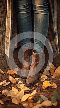 womans Closeup  feet in jeans and boots, autumn stroll