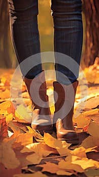 womans Closeup  feet in jeans and boots, autumn stroll