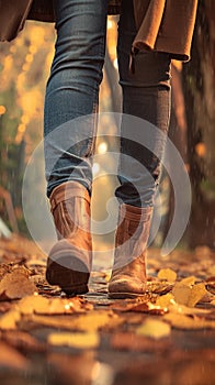 womans Closeup  feet in jeans and boots, autumn stroll