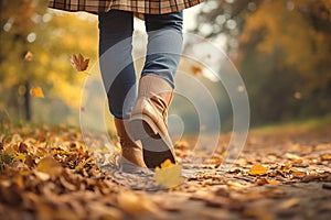 womans Closeup  feet in jeans and boots, autumn stroll