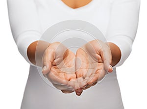 Womans cupped hands showing something photo