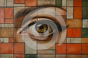 A womans eye on a wooden puzzle, background photo