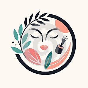 A womans face with eyes closed, encircled by leaves in a serene moment, A minimalist logo for a playful makeup brand featuring a