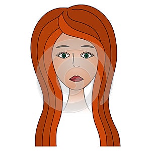 Womans face. Girl full face. Colored vector illustration. Nice lady with green eyes and red hair. Long eyelashes. Black eyebrows.