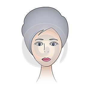 Womans face. Lady full face. Colored vector illustration. Ash blonde with blue eyes. Short pixie haircut. Long eyelashes.