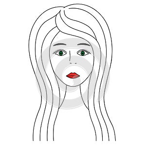 Womans face. Sketch. Girl full face. Vector illustration. Nice lady with green eyes. Long eyelashes. Black eyebrows.