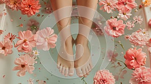 A womans feet float in a bathtub filled with peach petals and pink flowers