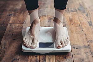 Womans feet on weight scale, health monitoring, fitness progress