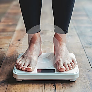 Womans feet on weight scale, health monitoring, fitness progress