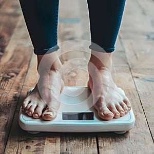 Womans feet on weight scale, health monitoring, fitness progress