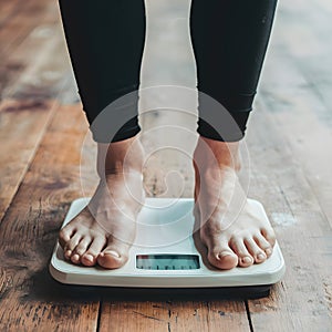 Womans feet on weight scale, health monitoring, fitness progress
