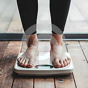 Womans feet on weight scale, health monitoring, fitness progress