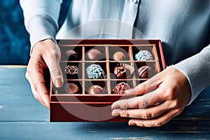 a womans hand delicately opens a box of chocolates on a light blue table.