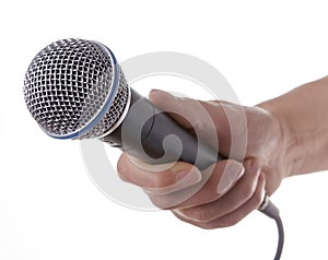 Womans hand holding microphone