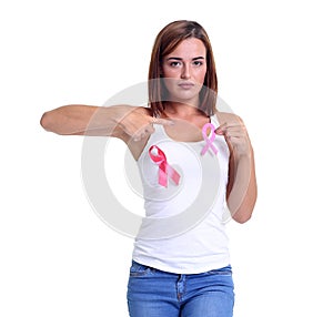 Womans hand holding pink breast cancer awareness ribbon