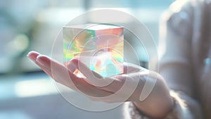 A womans hand holding a small translucent holographic cube its shifting colors and geometric patterns seeming to float