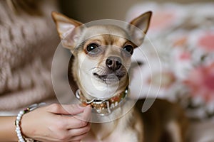 womans hand placing a new collar on a wagging chihuahua