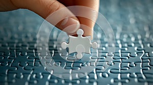 Womans Hand Placing White Puzzle Piece, Completing Blue Jigsaw, Problem-Solving Concept