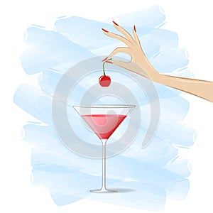 Womans hand puts a cherry in a cocktail on th white and blue background, square vector illustration