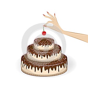 Womans hand puts a cherry on top of  cake, isolated on the white background, square vector illustration