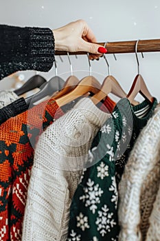 A womans hand is selecting stylish Christmas sweaters from a clothes rack filled with options