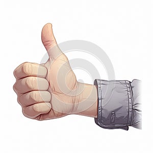 Womans hand signals approval with thumbs up, white background