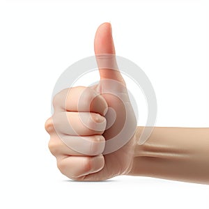 Womans hand signals approval with thumbs up, white background