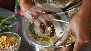 A womans hands expertly mixing together a paste of herbs and oils used for topical relief of aches and pains photo