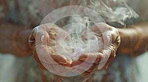 A womans hands gently holding steaming herbal compresses used in Ayurvedic panchakarma therapy to release toxins and photo