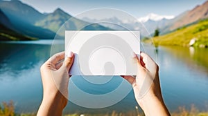 Womans hands holding a blank white card, against the backdrop of a summer panoramic landscape with lake, mountains and sunny blue