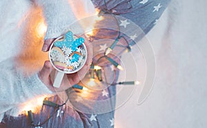 Womans hands holding a cup with winter/christmas cookies; winter